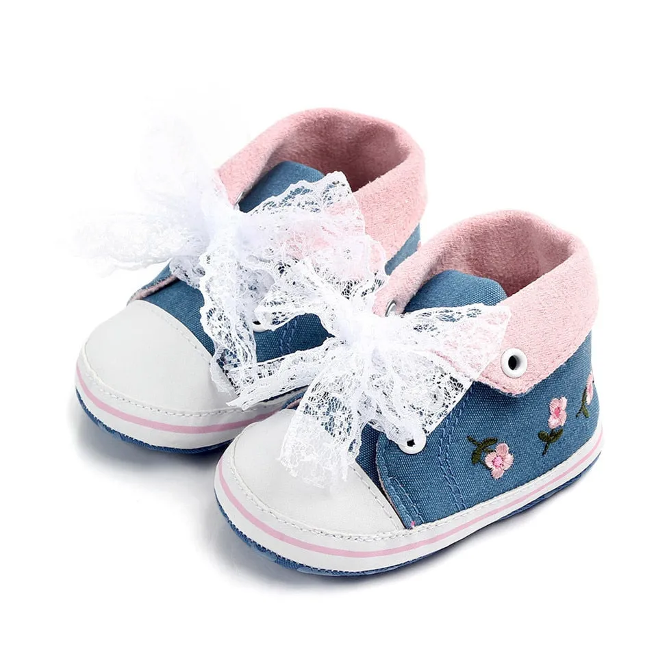 Lace Soft Shoes with Non-Slip Soles and Floral Embroidery for Baby Girls