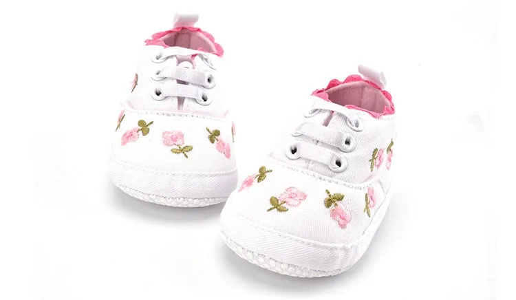 Lace Soft Shoes with Non-Slip Soles and Floral Embroidery for Baby Girls