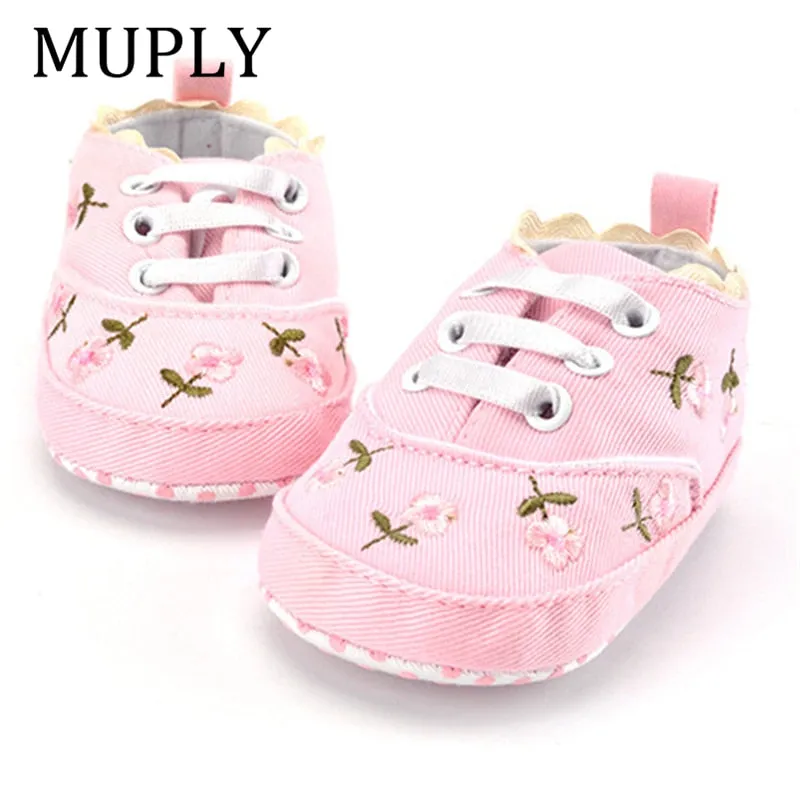 Lace Soft Shoes with Non-Slip Soles and Floral Embroidery for Baby Girls