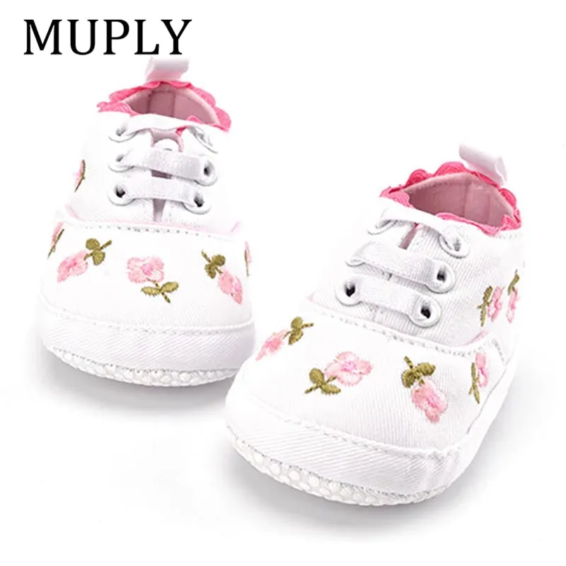 Lace Soft Shoes with Non-Slip Soles and Floral Embroidery for Baby Girls