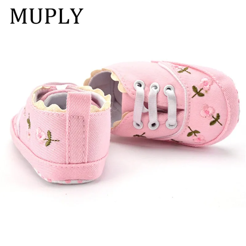 Lace Soft Shoes with Non-Slip Soles and Floral Embroidery for Baby Girls