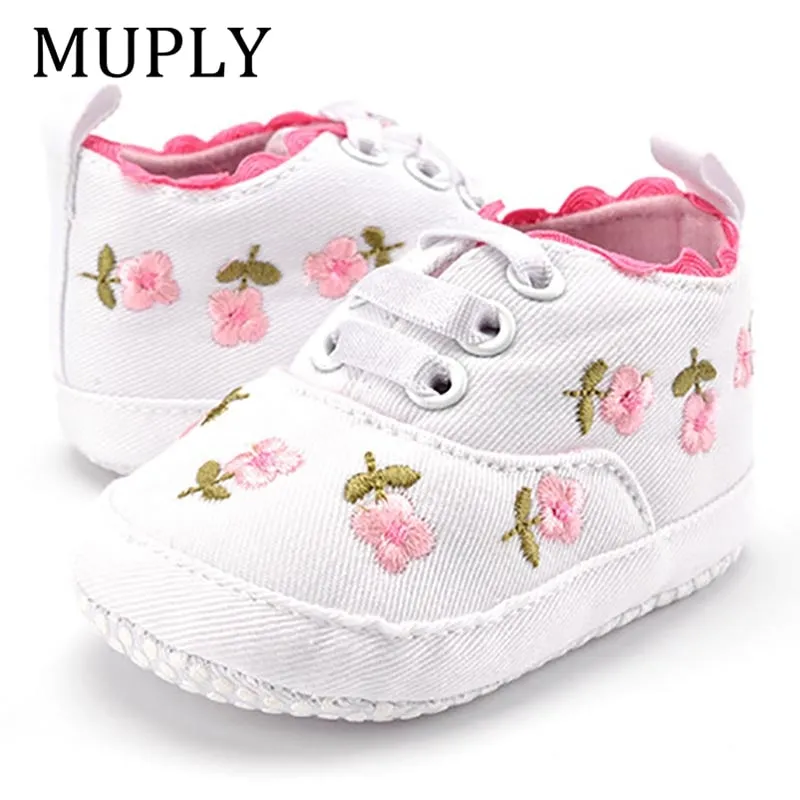 Lace Soft Shoes with Non-Slip Soles and Floral Embroidery for Baby Girls