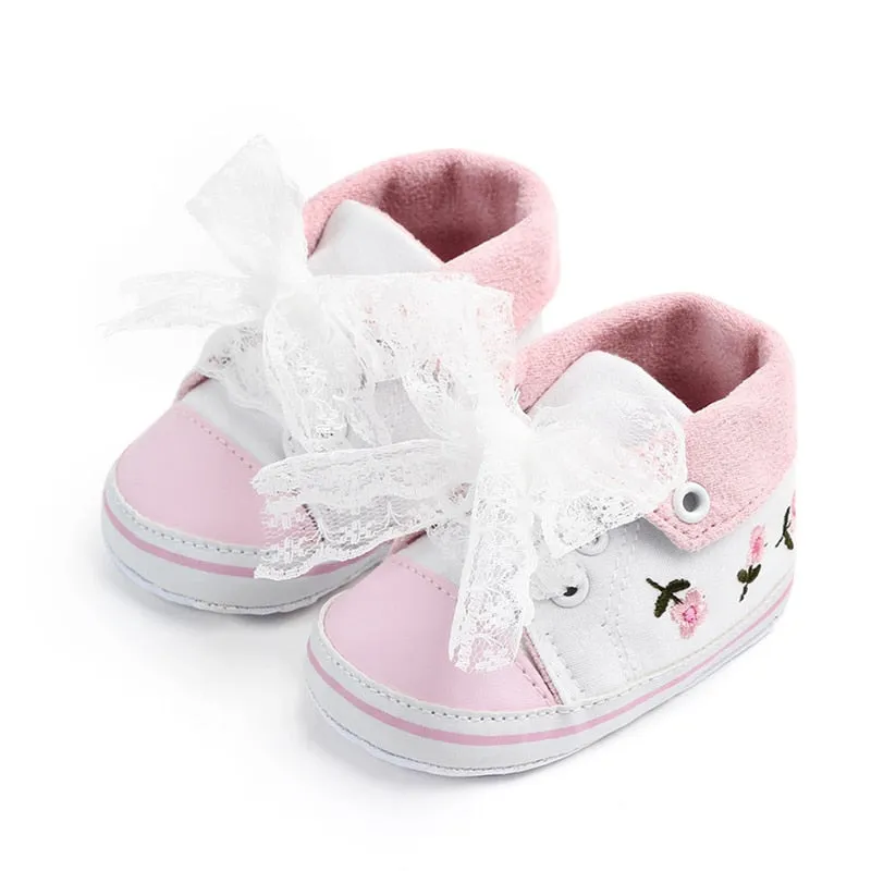 Lace Soft Shoes with Non-Slip Soles and Floral Embroidery for Baby Girls