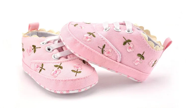 Lace Soft Shoes with Non-Slip Soles and Floral Embroidery for Baby Girls