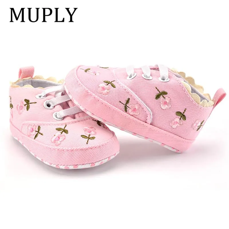 Lace Soft Shoes with Non-Slip Soles and Floral Embroidery for Baby Girls