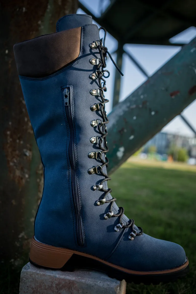 Lace-Up Knee High Snow Boots - Navy