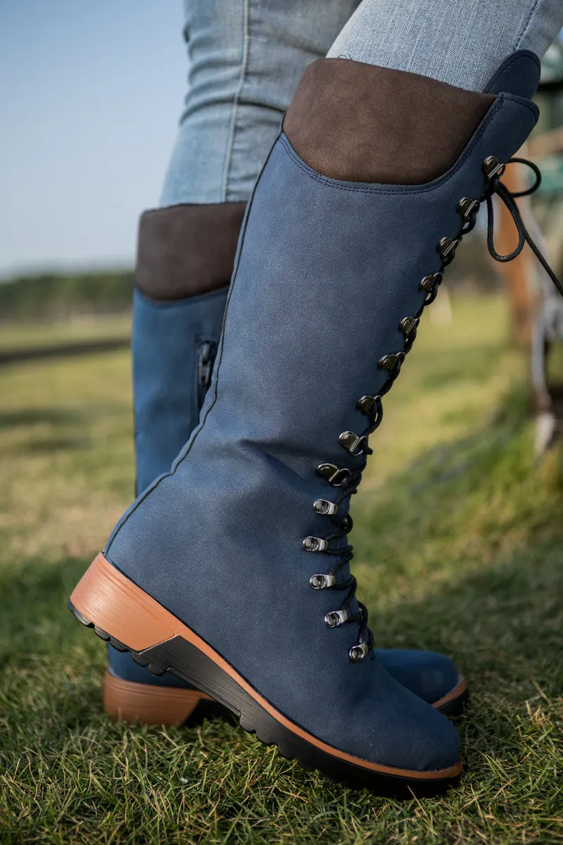 Lace-Up Knee High Snow Boots - Navy