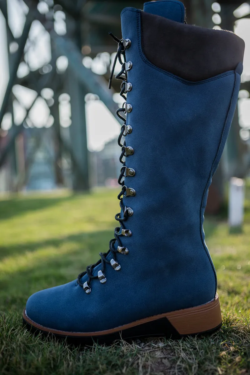 Lace-Up Knee High Snow Boots - Navy