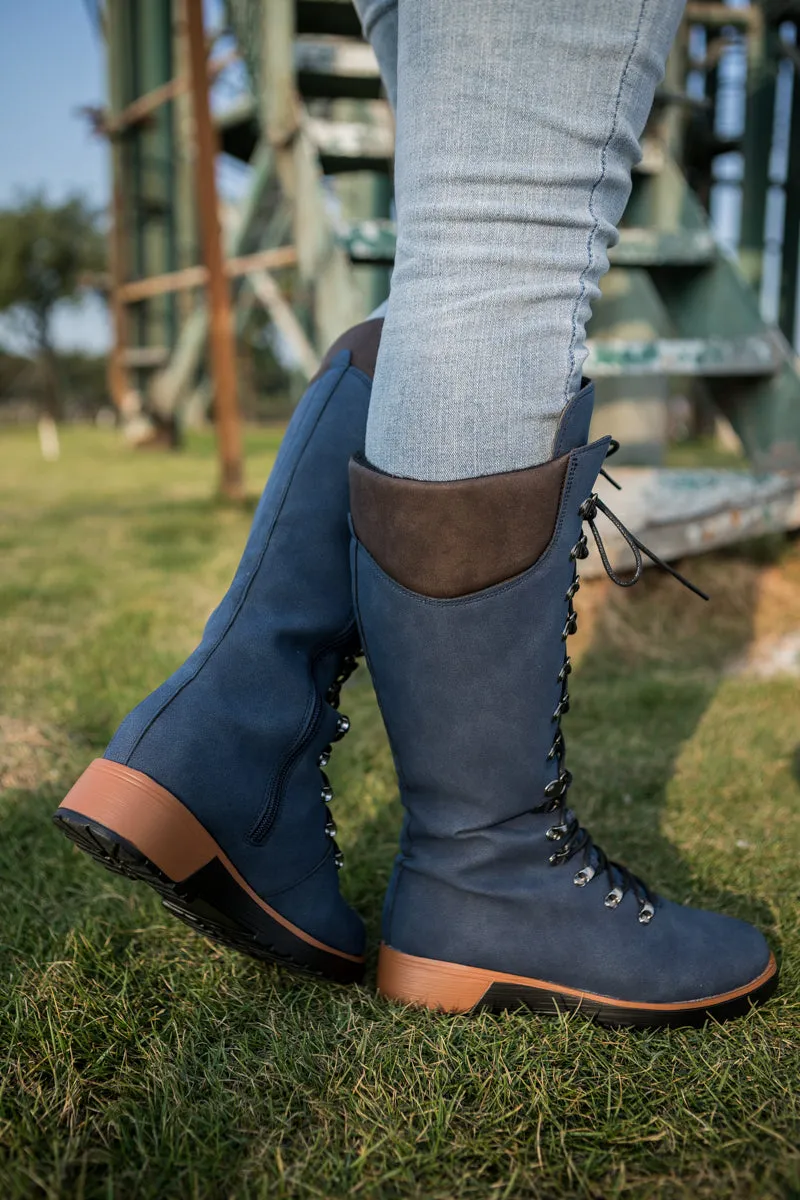 Lace-Up Knee High Snow Boots - Navy