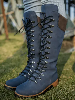 Lace-Up Knee High Snow Boots - Navy