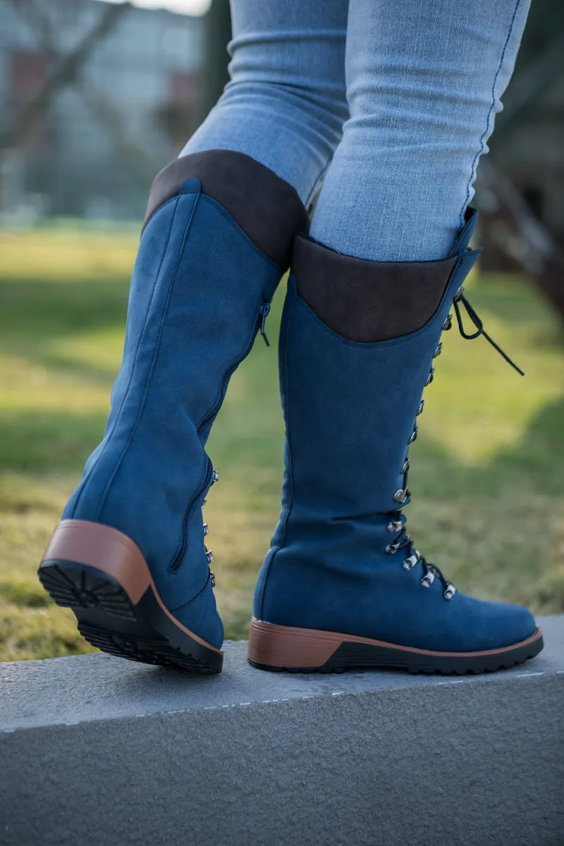 Lace-Up Knee High Snow Boots - Navy