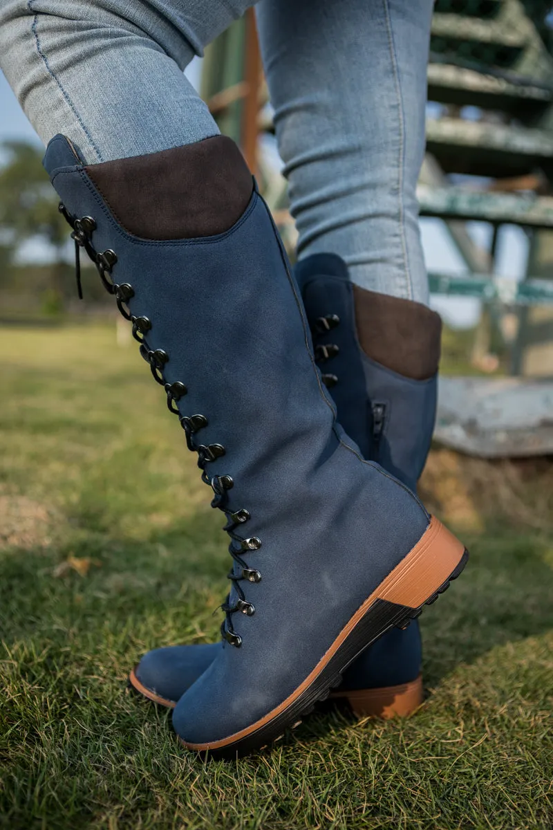 Lace-Up Knee High Snow Boots - Navy