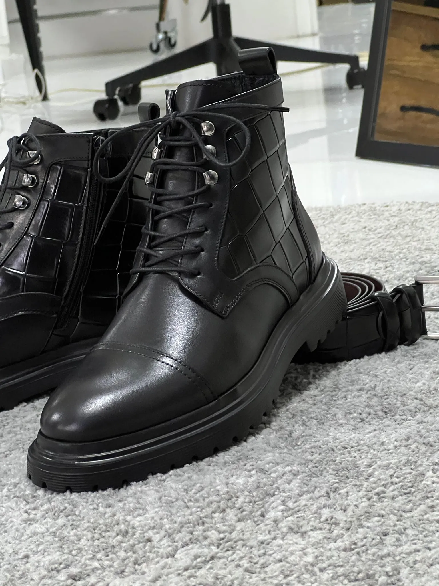 Lenzi Special Edition Zippered Croc Theme Leather Black Boots