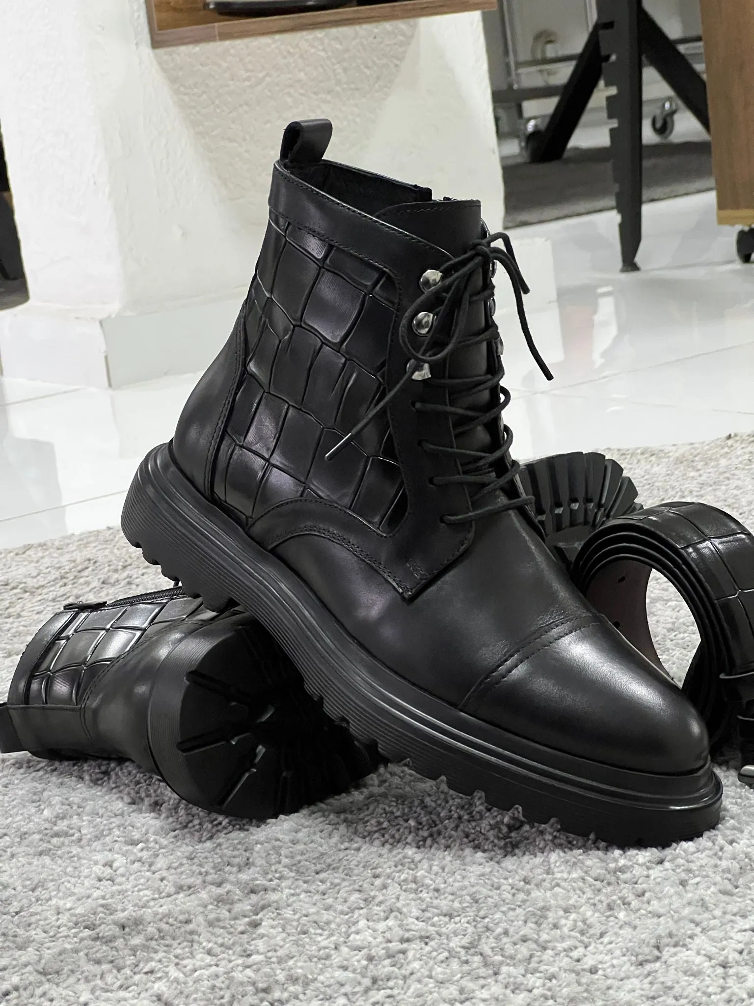 Lenzi Special Edition Zippered Croc Theme Leather Black Boots