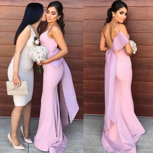 Lilac Satin Mermaid Open Back Long Bridesmaid Dresses With Bowtie, MB174