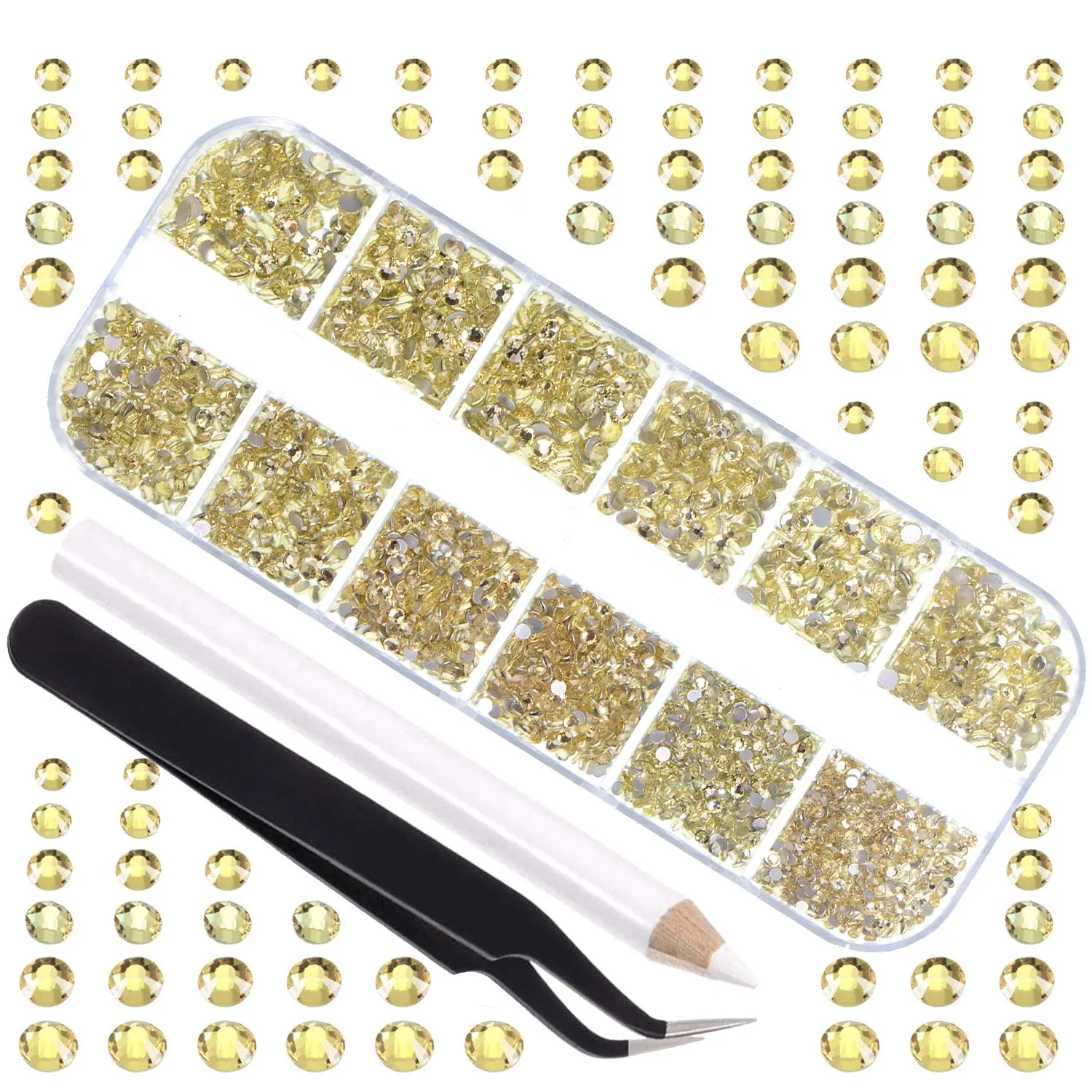 LPBeads 3456 Pieces 6 Sizes Metallic Gold Flat Back Round Crystal Rhinestones for Crafts Nails Art Face Makeup Clothes DIY with Pick Up Tweezers and Picking Pen