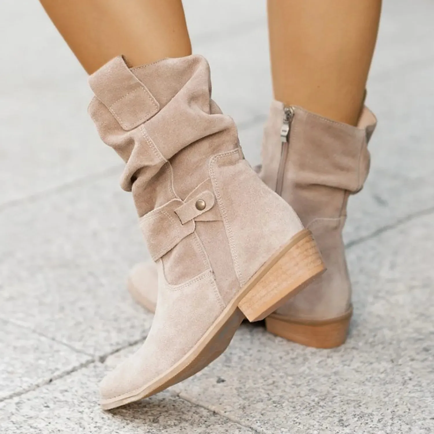 Lunara | Womens Beige Slouch Ankle Boots Flat Suede Low Heel Shoes for Dresses, Autumn Outfits & Everyday Comfort