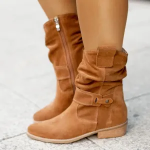 Lunara | Womens Beige Slouch Ankle Boots Flat Suede Low Heel Shoes for Dresses, Autumn Outfits & Everyday Comfort