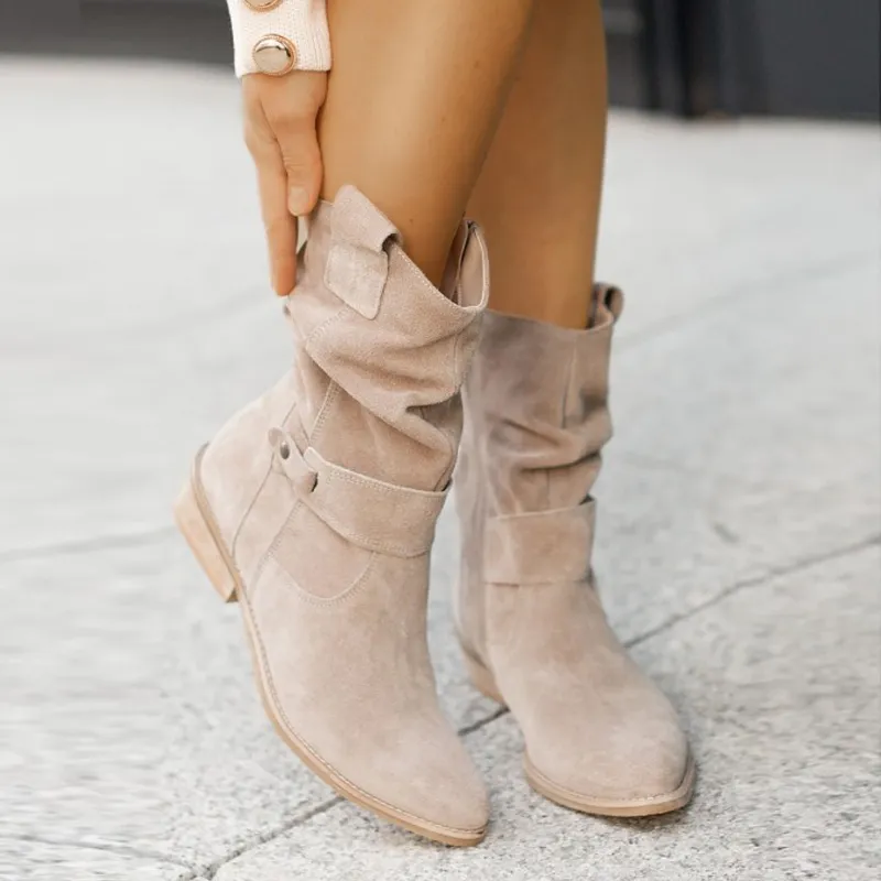 Lunara | Womens Beige Slouch Ankle Boots Flat Suede Low Heel Shoes for Dresses, Autumn Outfits & Everyday Comfort