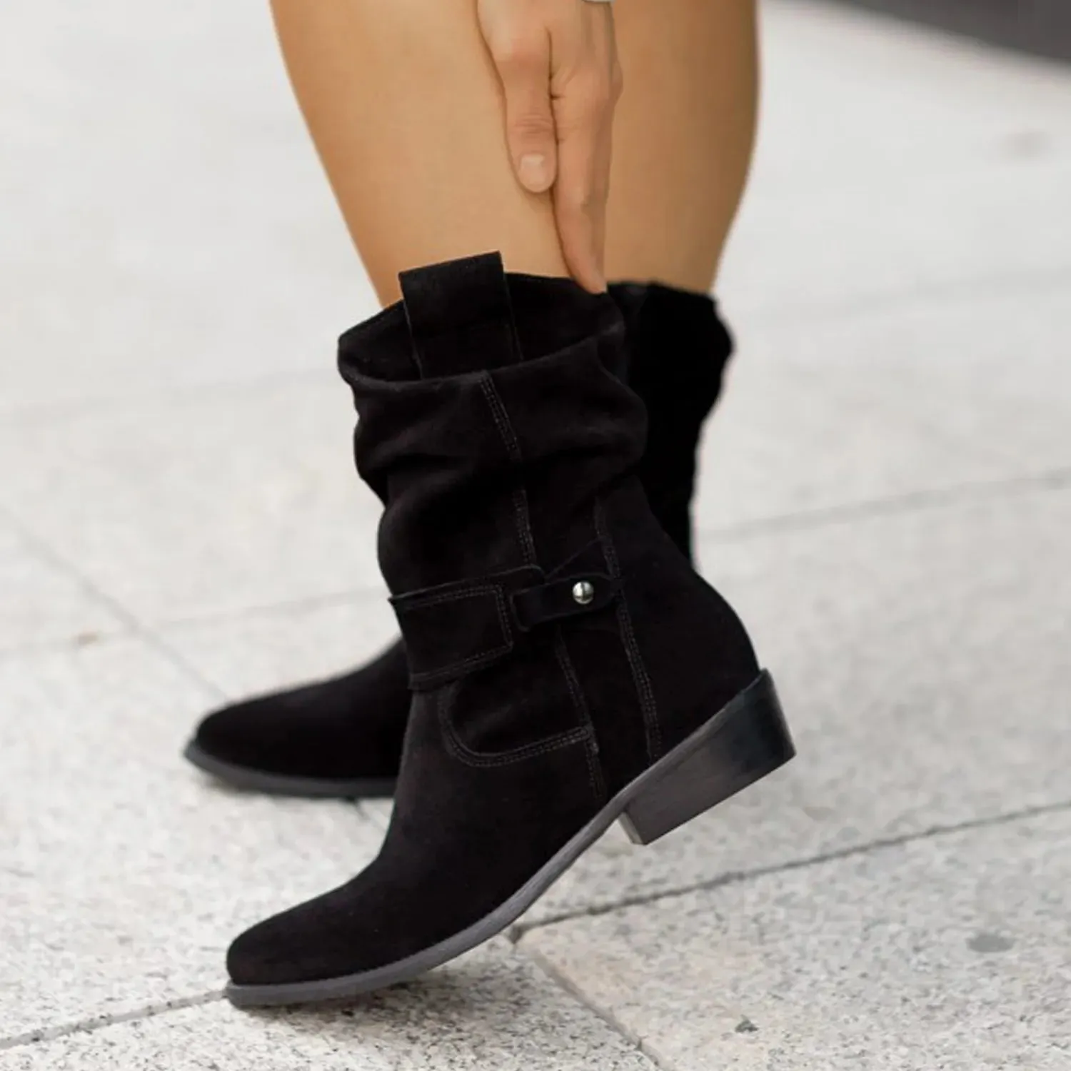 Lunara | Womens Beige Slouch Ankle Boots Flat Suede Low Heel Shoes for Dresses, Autumn Outfits & Everyday Comfort