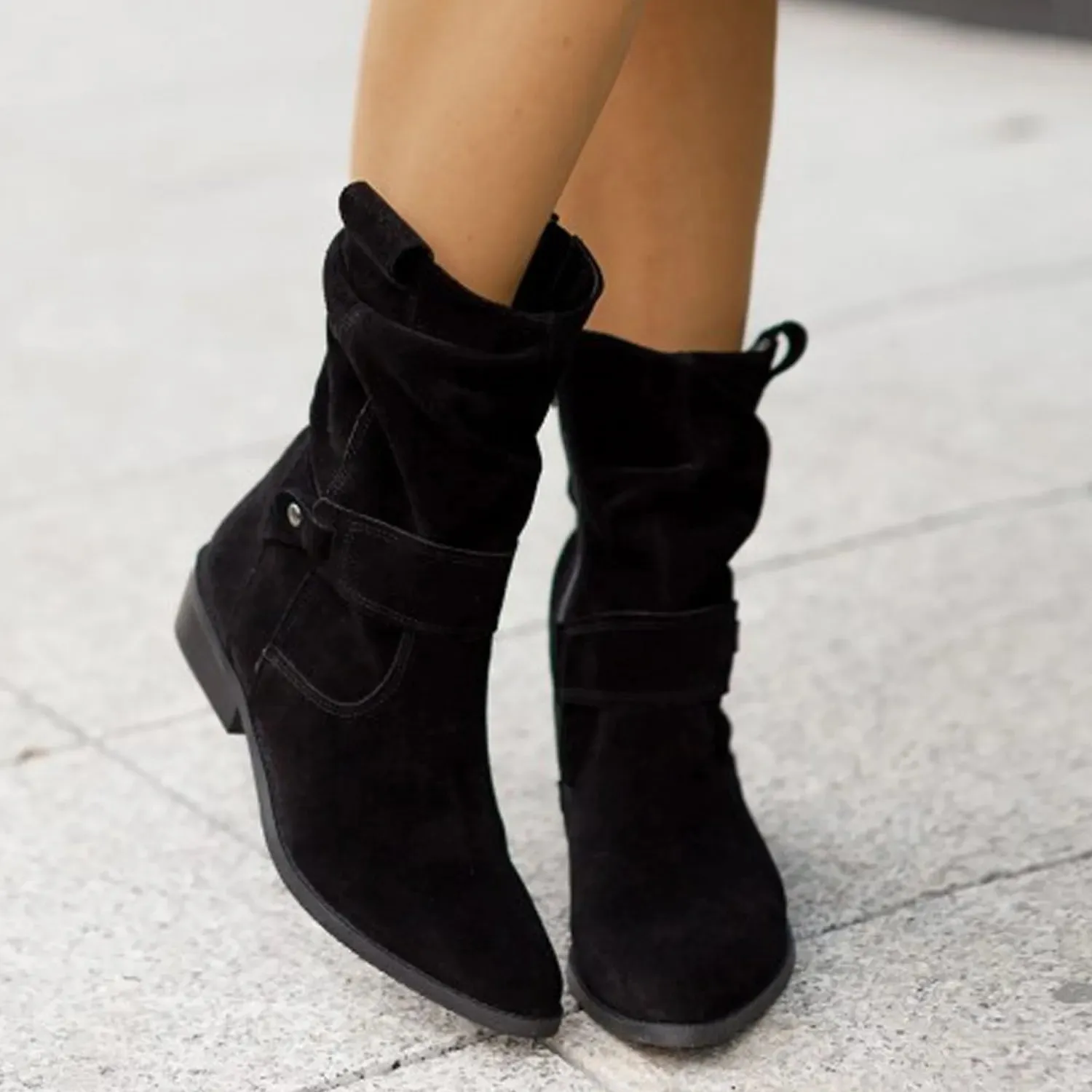 Lunara | Womens Beige Slouch Ankle Boots Flat Suede Low Heel Shoes for Dresses, Autumn Outfits & Everyday Comfort