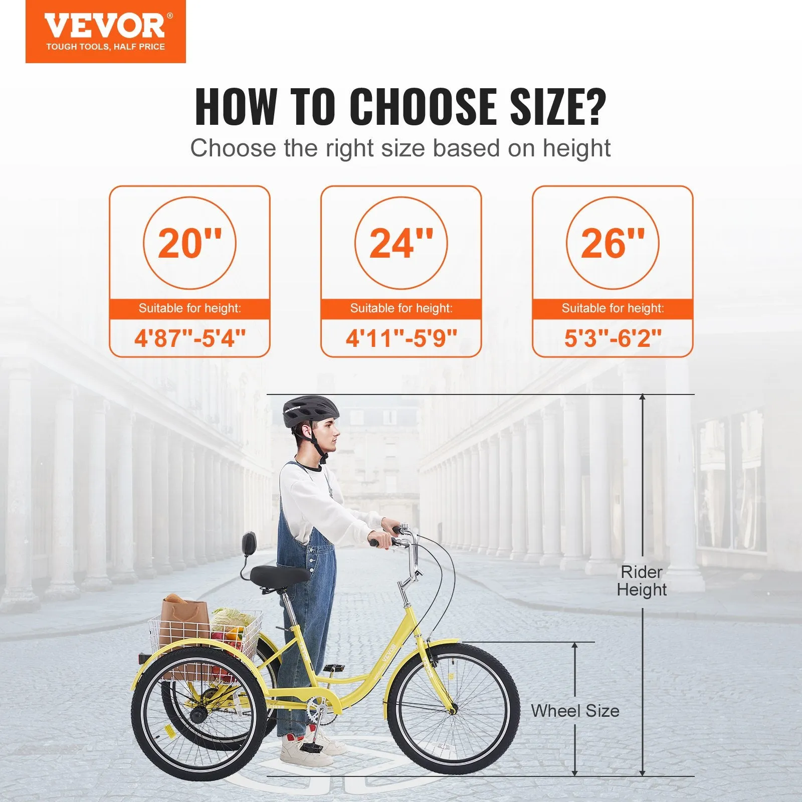 New fully assembled VEVOR Adult Tricycles Bike, 20 Inch Three-Wheeled Bicycles, 3 Wheel Bikes Trikes, Carbon Steel Cruiser Bike with Basket & Adjustable Seat, Picnic Shopping Tricycles for Seniors, Women, Men (Yellow)