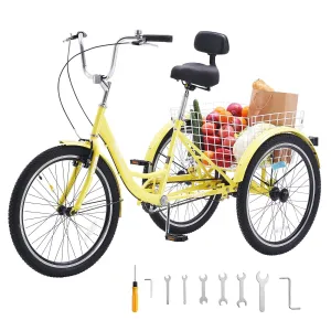 New fully assembled VEVOR Adult Tricycles Bike, 20 Inch Three-Wheeled Bicycles, 3 Wheel Bikes Trikes, Carbon Steel Cruiser Bike with Basket & Adjustable Seat, Picnic Shopping Tricycles for Seniors, Women, Men (Yellow)