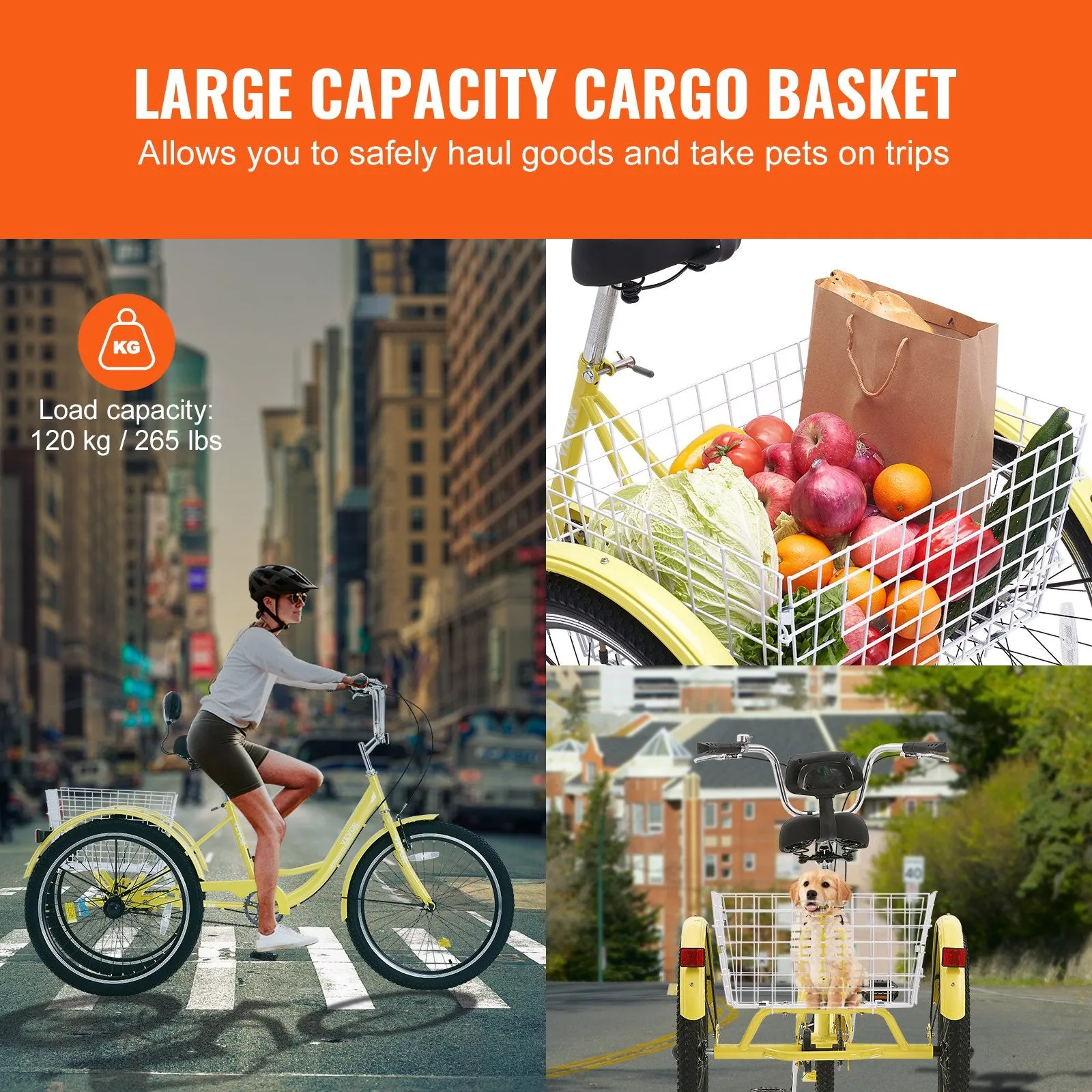 New fully assembled VEVOR Adult Tricycles Bike, 20 Inch Three-Wheeled Bicycles, 3 Wheel Bikes Trikes, Carbon Steel Cruiser Bike with Basket & Adjustable Seat, Picnic Shopping Tricycles for Seniors, Women, Men (Yellow)