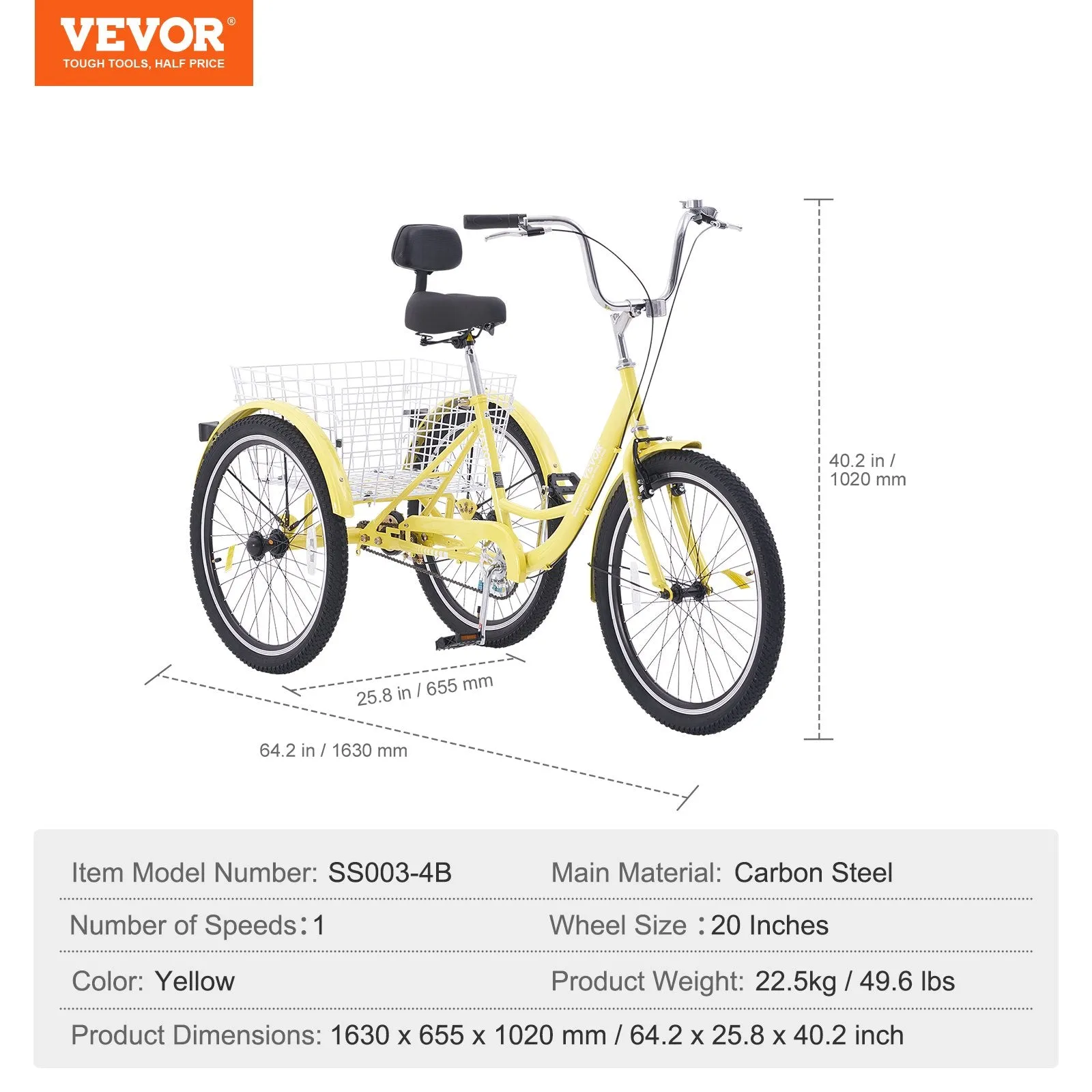 New fully assembled VEVOR Adult Tricycles Bike, 20 Inch Three-Wheeled Bicycles, 3 Wheel Bikes Trikes, Carbon Steel Cruiser Bike with Basket & Adjustable Seat, Picnic Shopping Tricycles for Seniors, Women, Men (Yellow)