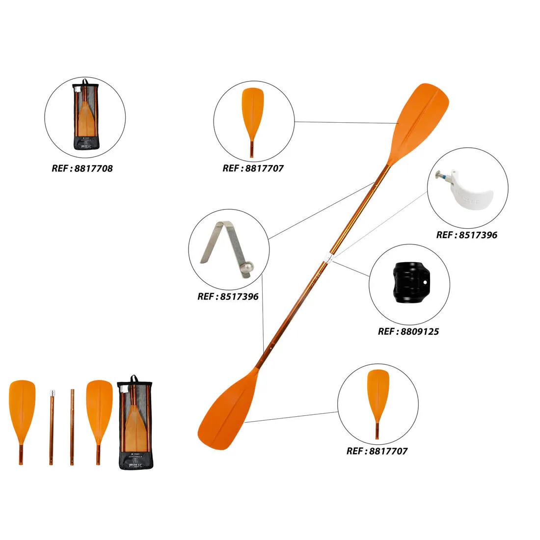Packraft/kayak symmetrical separable paddle 4 sections 205–2,015 cm