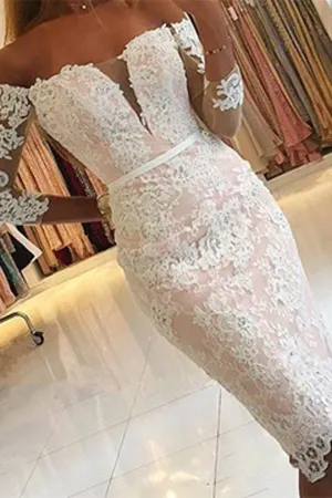 Pink Lace Off shoulder Tight Sheath Half Sleeve Homecoming Dresses, MH277