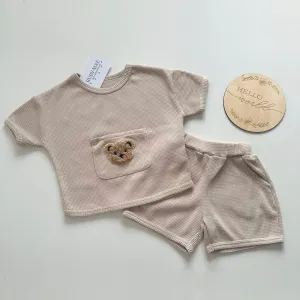 Premium Coffee Teddy Waffle Shorts & T-Shirt Set