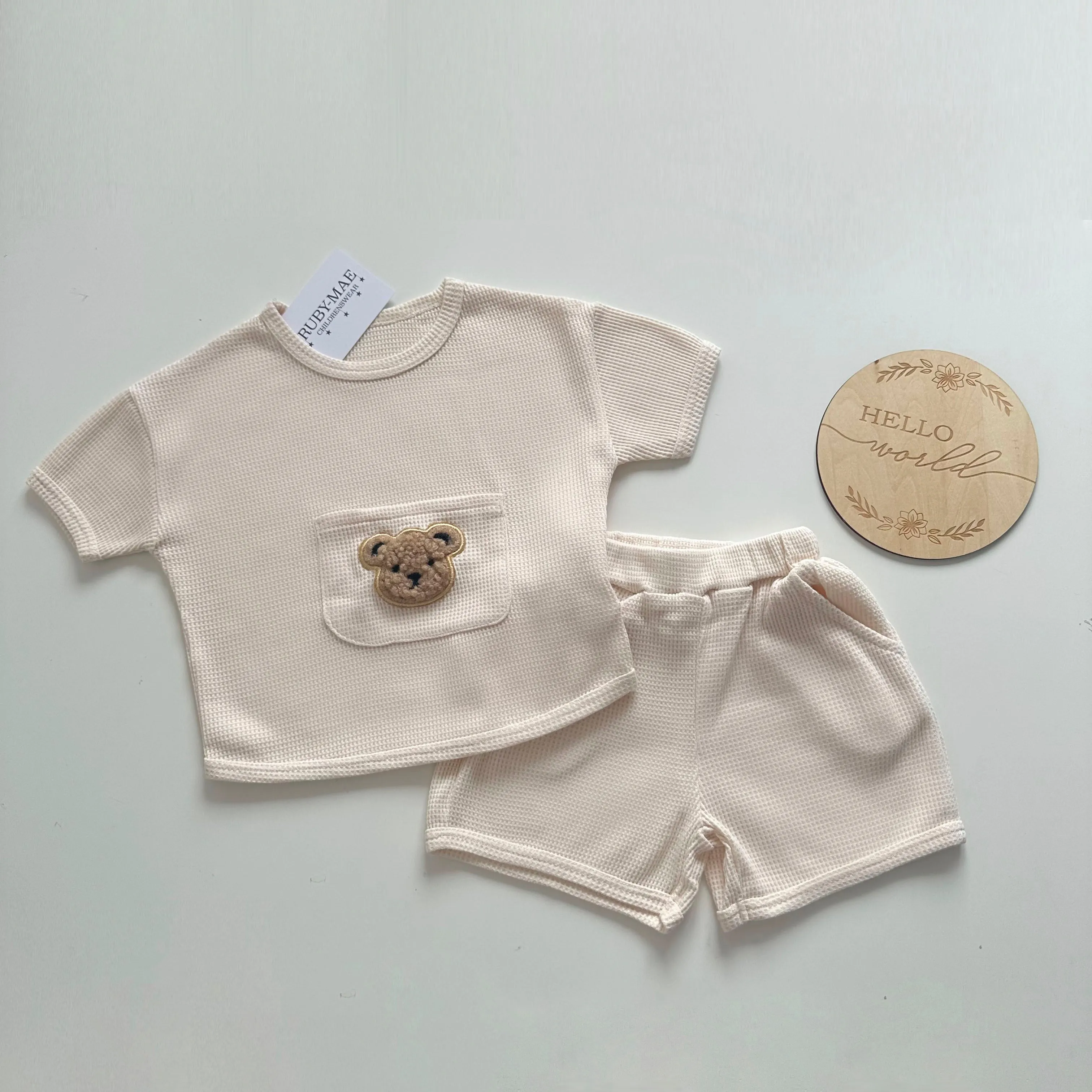 Premium Cream Teddy Waffle Shorts & T-Shirt Set