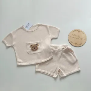 Premium Cream Teddy Waffle Shorts & T-Shirt Set