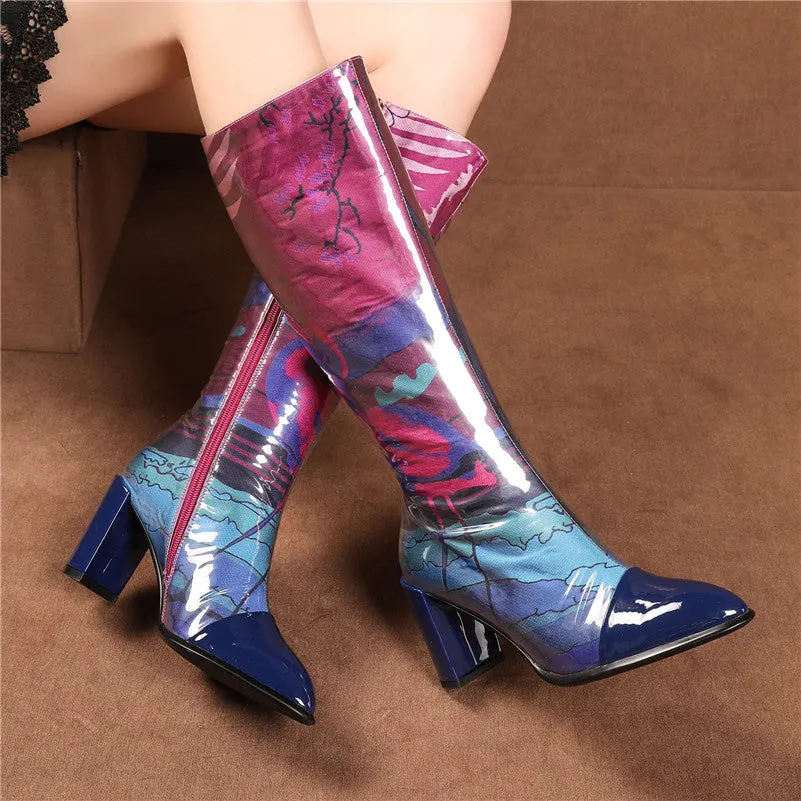 Print Elegant Women Mid-calf Boots Genuine Leather Prom Dancing Shoes Woman Autumn Winter Warm High Heeled Long Boots
