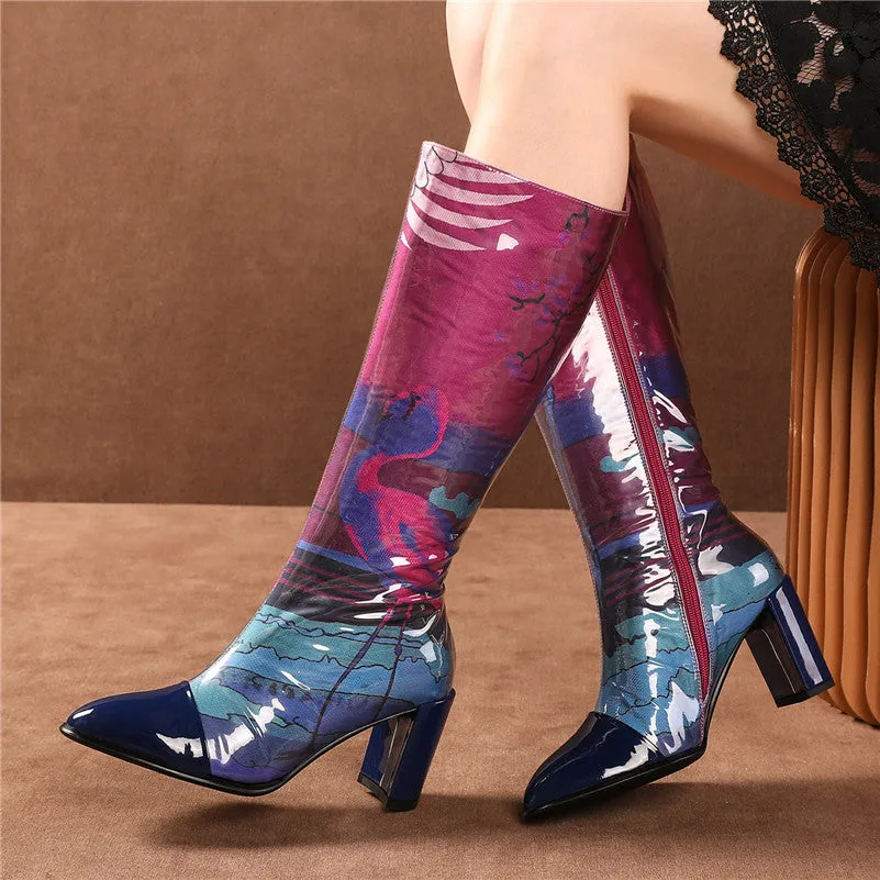 Print Elegant Women Mid-calf Boots Genuine Leather Prom Dancing Shoes Woman Autumn Winter Warm High Heeled Long Boots