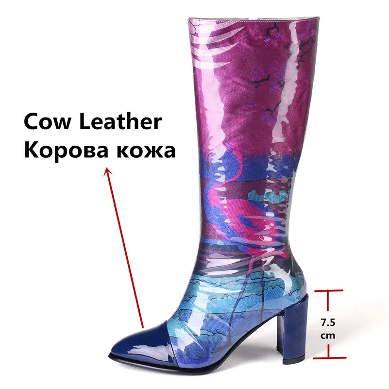 Print Elegant Women Mid-calf Boots Genuine Leather Prom Dancing Shoes Woman Autumn Winter Warm High Heeled Long Boots