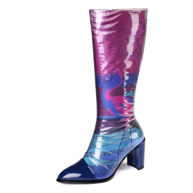 Print Elegant Women Mid-calf Boots Genuine Leather Prom Dancing Shoes Woman Autumn Winter Warm High Heeled Long Boots