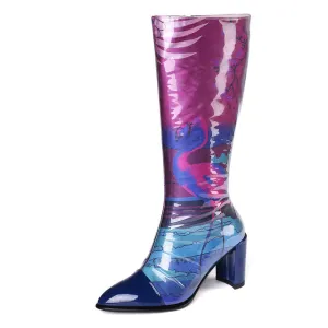 Print Elegant Women Mid-calf Boots Genuine Leather Prom Dancing Shoes Woman Autumn Winter Warm High Heeled Long Boots