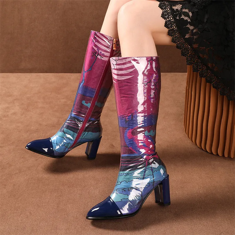 Print Elegant Women Mid-calf Boots Genuine Leather Prom Dancing Shoes Woman Autumn Winter Warm High Heeled Long Boots
