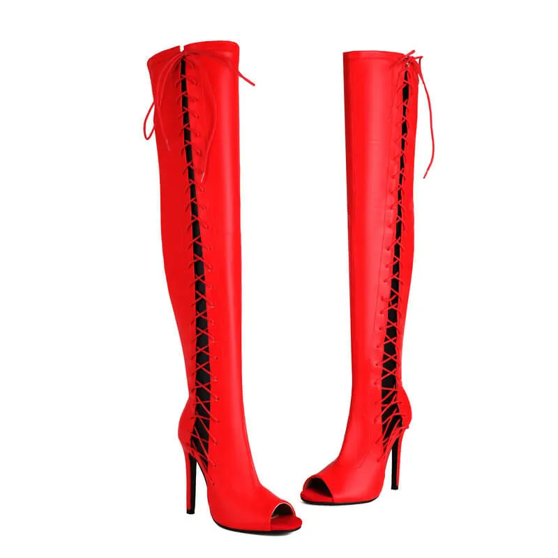 Red Hollow Strap Over The Knee Boots