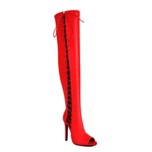 Red Hollow Strap Over The Knee Boots