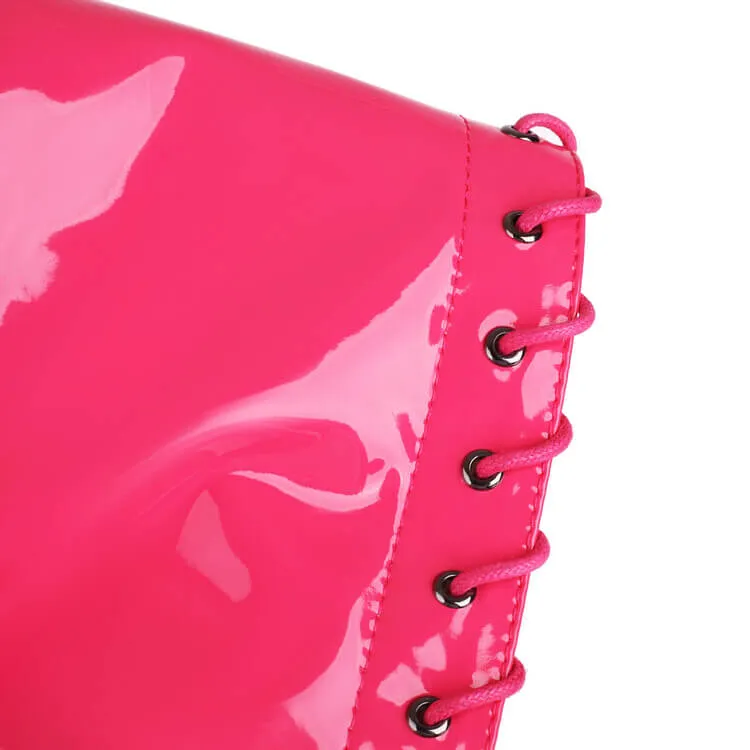 Rose Red Patent Leather Lace-up Over-the-knee Boots