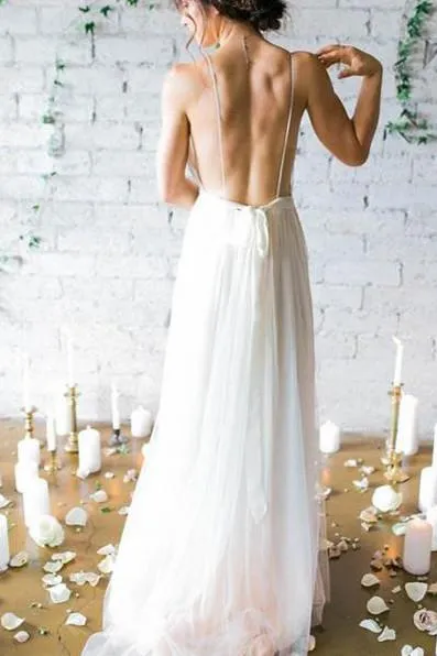 Roycebridal Chiffon Backless Cheap White Long Wedding Gowns, Beach Wedding Dresses, MW128