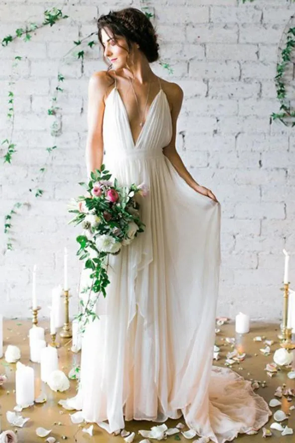 Roycebridal Chiffon Backless Cheap White Long Wedding Gowns, Beach Wedding Dresses, MW128