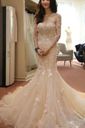 Roycebridal Glittering Two Pieces Pink Mermaid Long Sleeve Wedding Dresses with Appliques, MW206