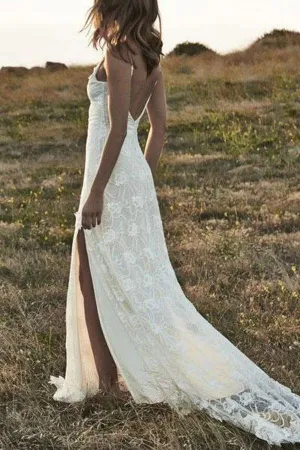 Roycebridal Ivory Lace Off-the-Shoulder Boho Backless Beach Wedding Dresses with Front Split, MW174