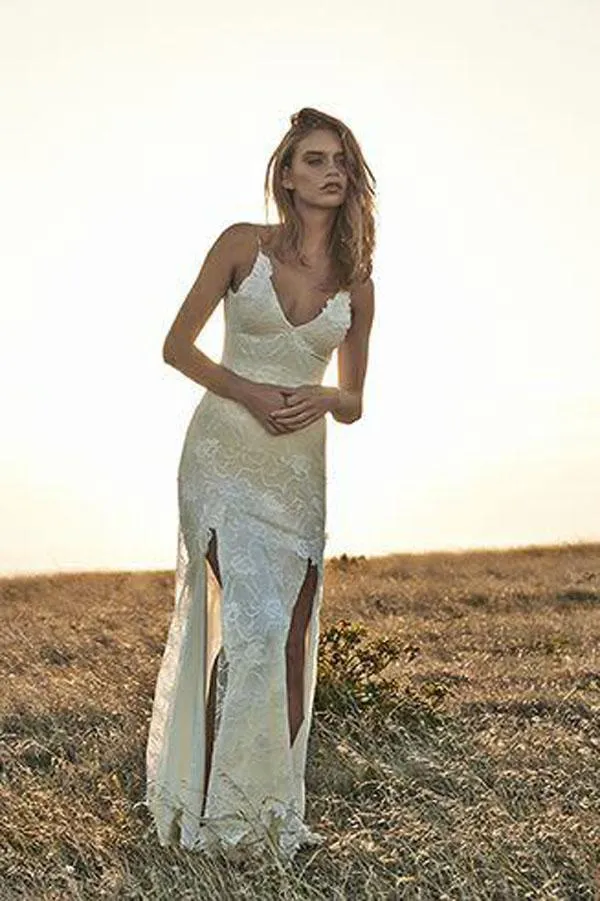 Roycebridal Ivory Lace Off-the-Shoulder Boho Backless Beach Wedding Dresses with Front Split, MW174