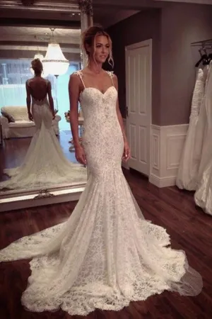 Roycebridal Modest Lace Spaghetti Straps Mermaid Wedding Dresses, Summer Wedding Gowns, MW184