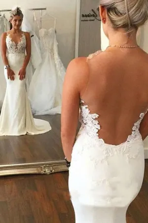 Roycebridal White Lace See Through Mermaid Open Back Wedding Dresses, MW203